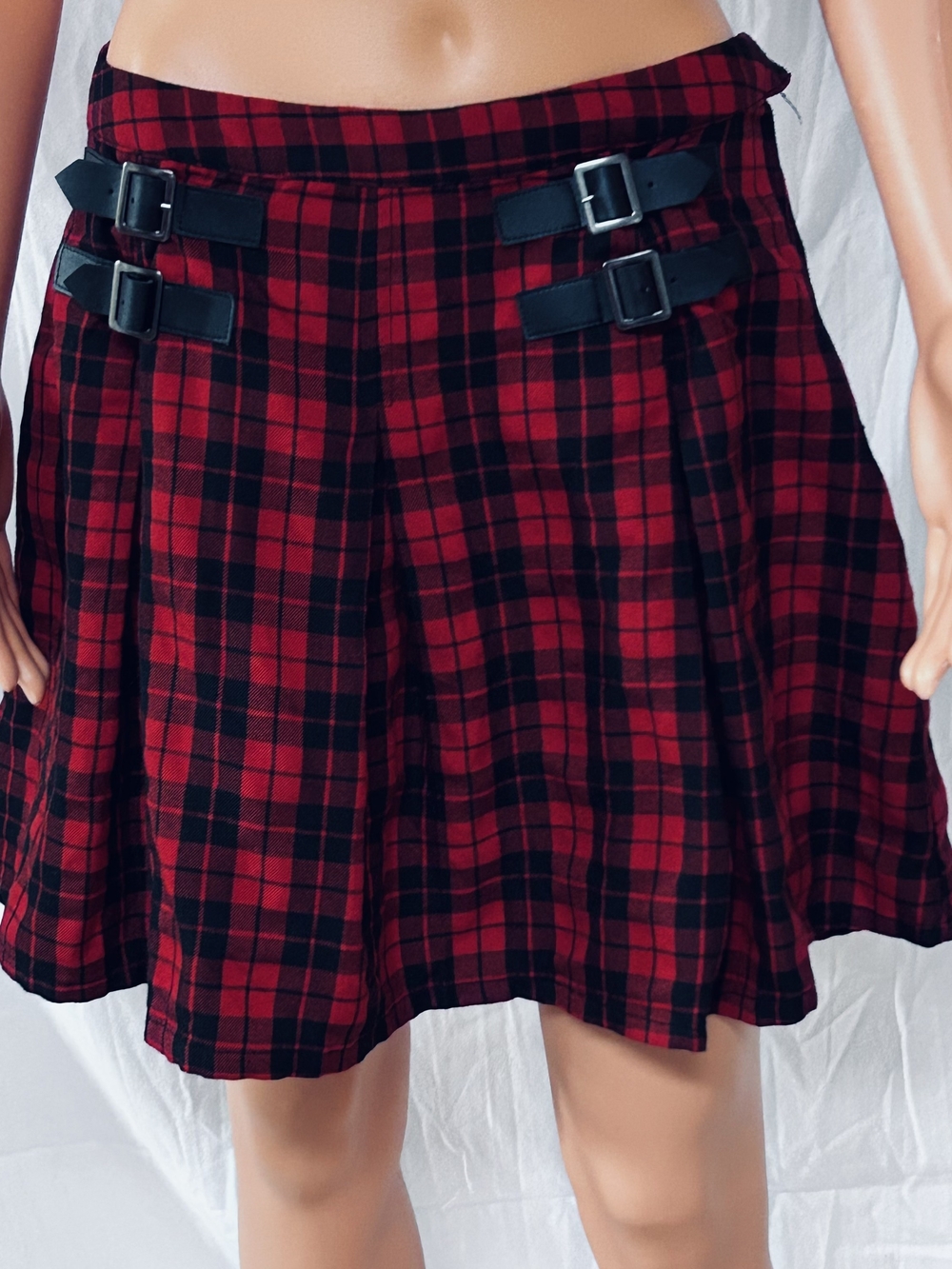 Hot Topic Red and Black Plaid Pleated Mini Skirt with Buckles